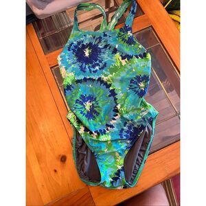 Speedo Kids Tie-Dye Floral Burst Drop Back One-Piece Swimsuit Blue Green Size 14